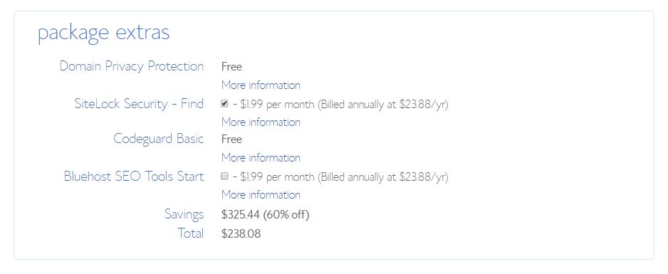 Bluehost Pricing/Package Extras