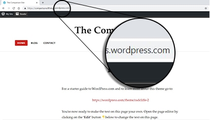 Wordpress.com vs WordPress.org: url magnified to show text ".wordpress.com" in the URL of a free WordPress.com website.