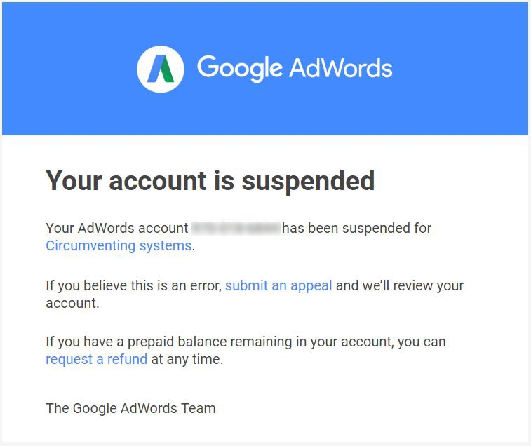 Google Adwords: Account suspended message
