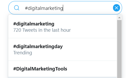 Twitter Search of "#digitalmarketing" showing 720 tweets in the last hour.