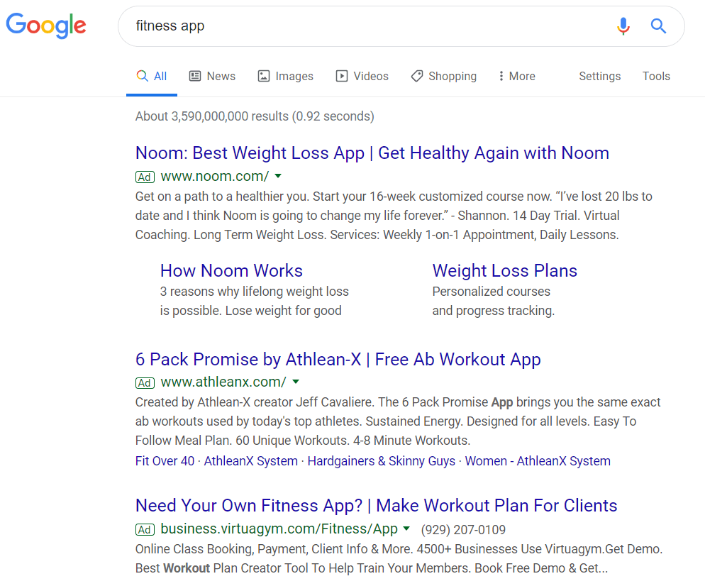 Google search results for the keyword "fitness app."