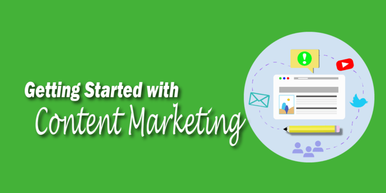 Getting started with content marketing. Circle with a web browser in the middle. Various icons floating around the browser showing a line from pencil to email to video to social media