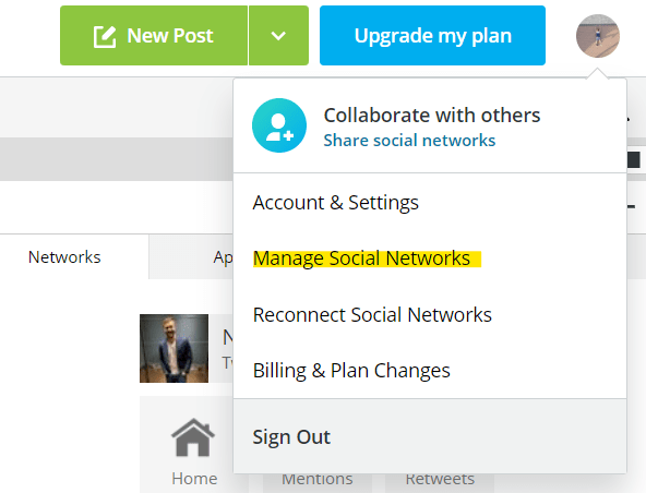 Your Hootsuite profile settings. Highlighted manage social networks to show the correct item to click on.