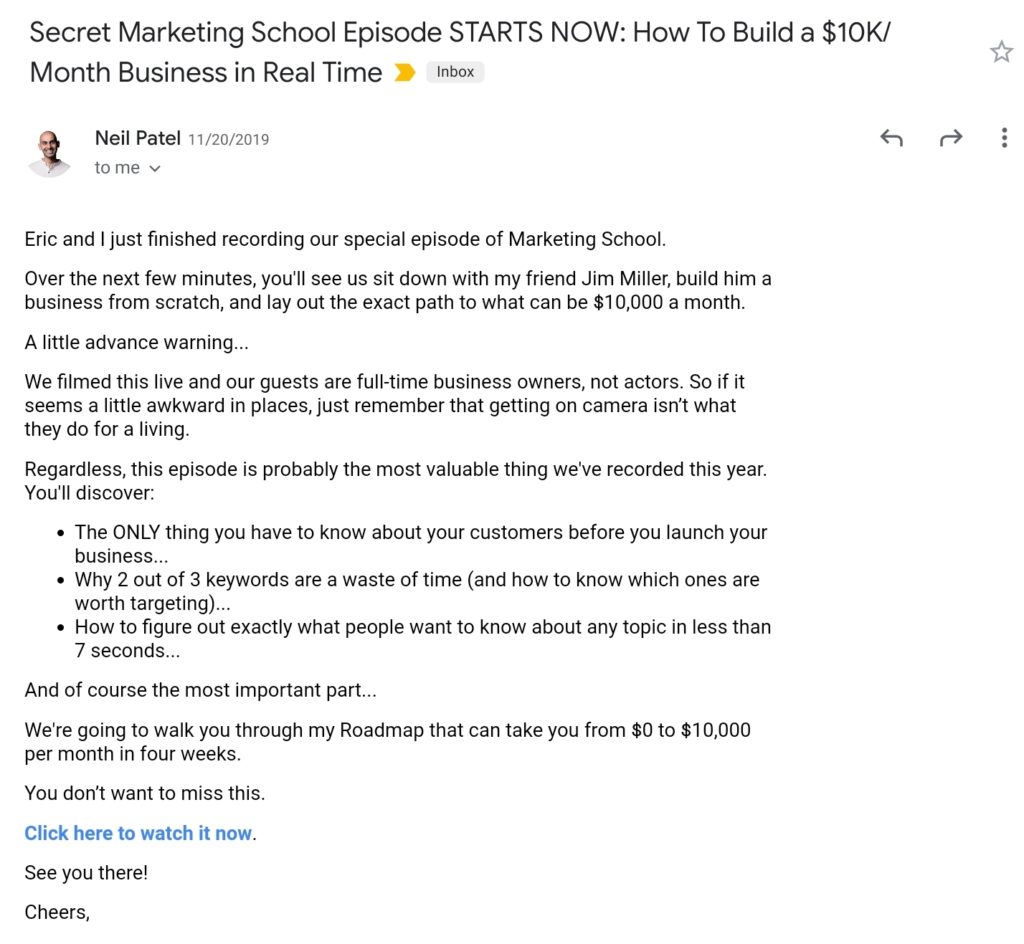 Screenshot from an email from Neil Patel's Newsletter about a Secret Epidose of Marketing School (podcast).