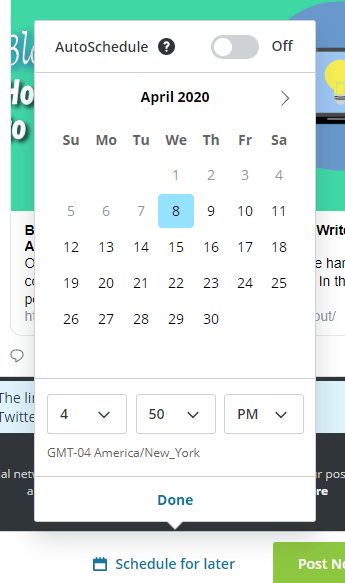 Calendar for picking date and time to schedule out a social media post.