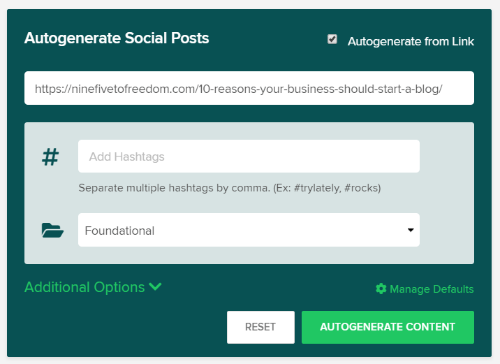 Lately's autogenerator. Enter URL and click autogenerate to create social media posts.