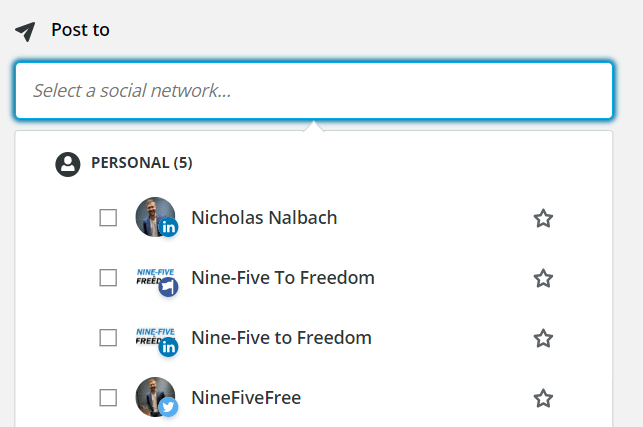 Selecting a social network to share to. Drop-down list of all connected social media networks on Hootsuite.