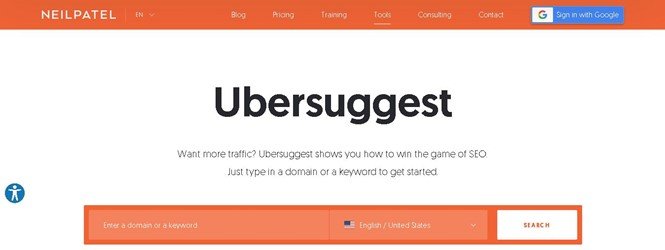 Screenshot of Ubersuggest's homepage. Ubersuggest is a relatively cheap tool that helps people with their content research.