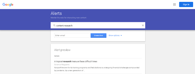 Screenshot of the Google Alerts homepage.