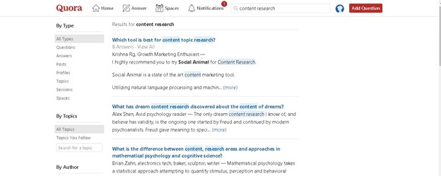 Screenshot from Quora, showing the text "content research" typed into the website's search field.