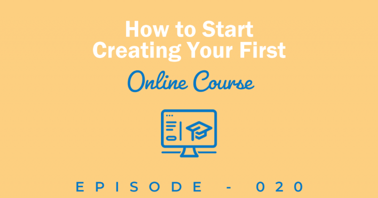 Title for episode 20 podcast episode about creating online courses. Clipart of a computer screen with a mortarboard to represent online education.