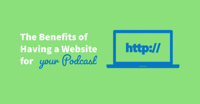 Green background with a laptop displaying the beginning of a website address. Image displays the title of the blog post about podcast websites.