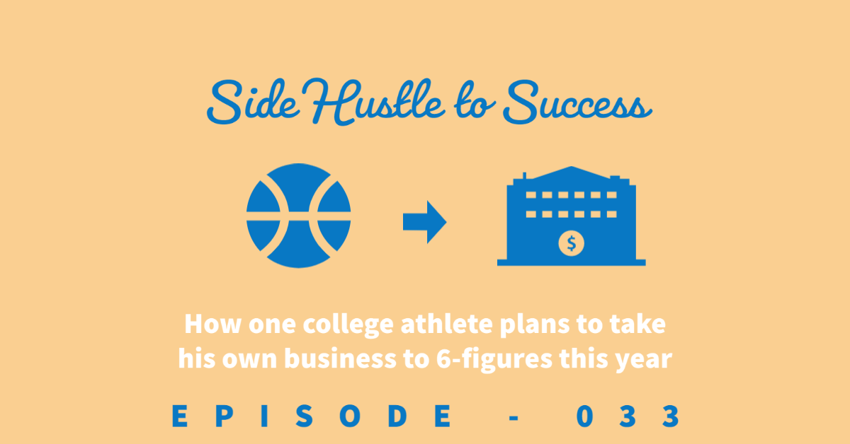 Title of the podcast episode: side hustle to success. Picture of a basketball with an arrow pointing to a building with a dollar sign on it.