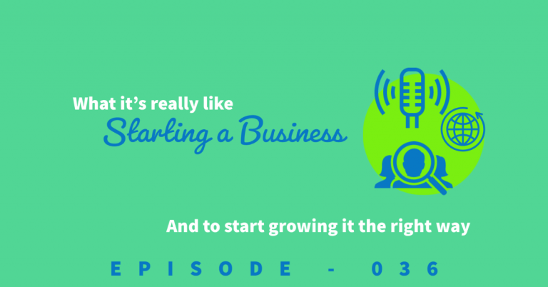 Icons of an audience, internet globe, and podcast mic for the episode title about starting and growing an online business.