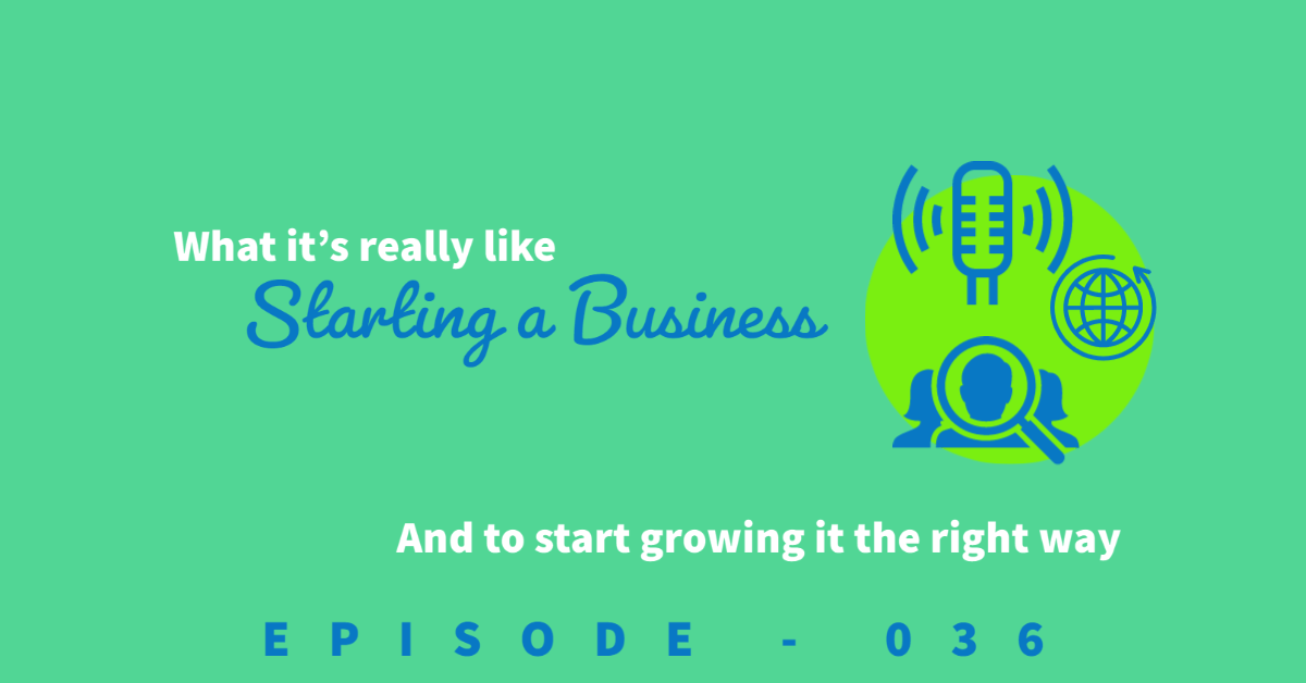 Icons of an audience, internet globe, and podcast mic for the episode title about starting and growing an online business.