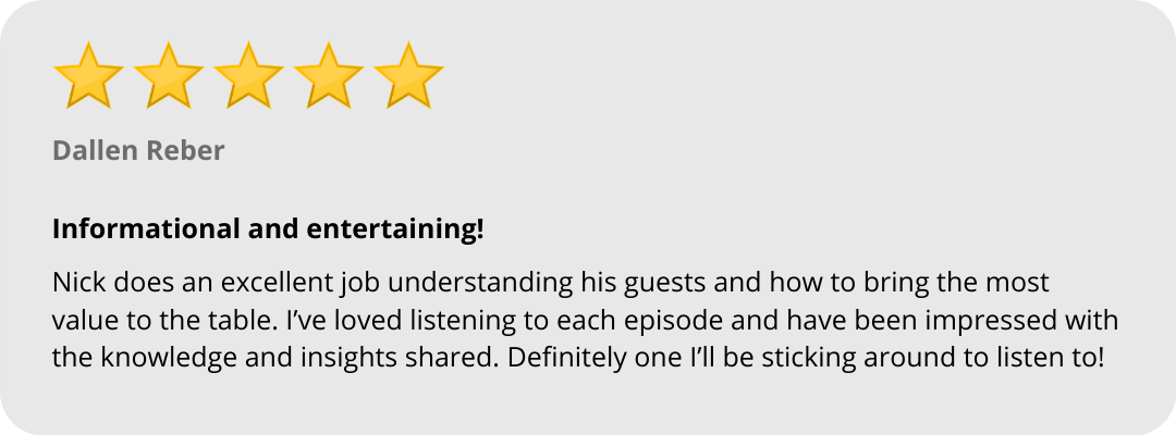 5-star testimonial for the nine-five podcast