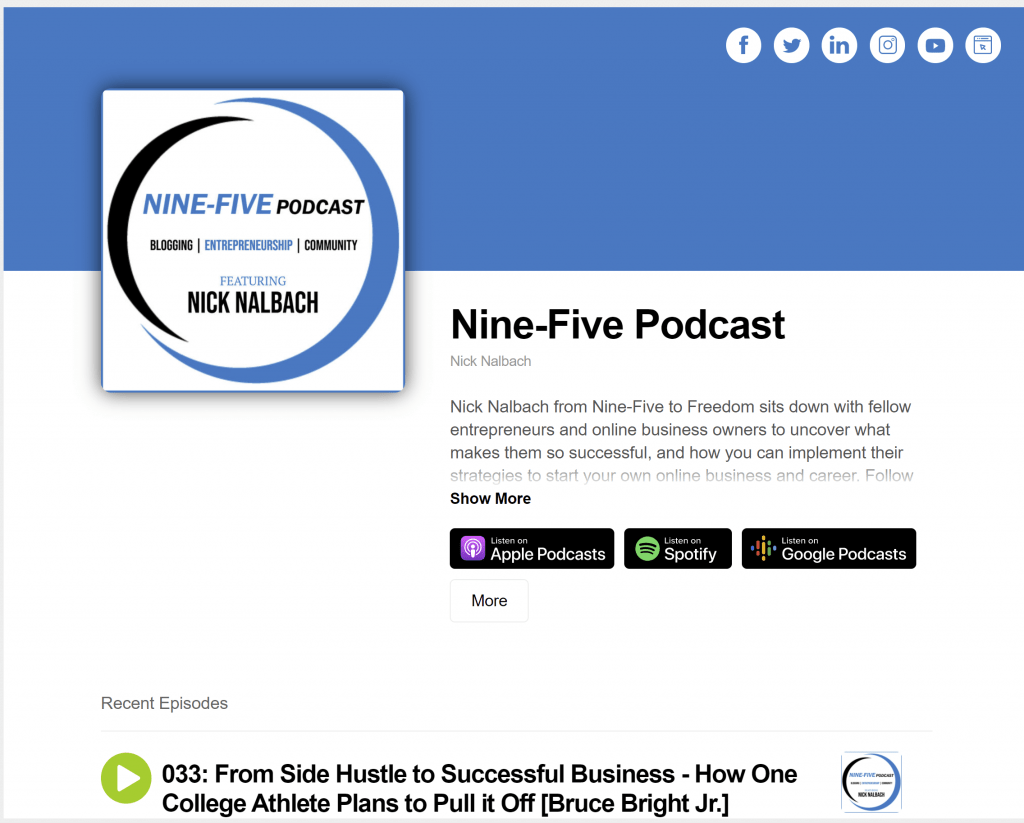 Example of a podcat website created by Buzzsprout. Shows the cover art of the podcast along with the latest episode of the Nine-Five Podcast.