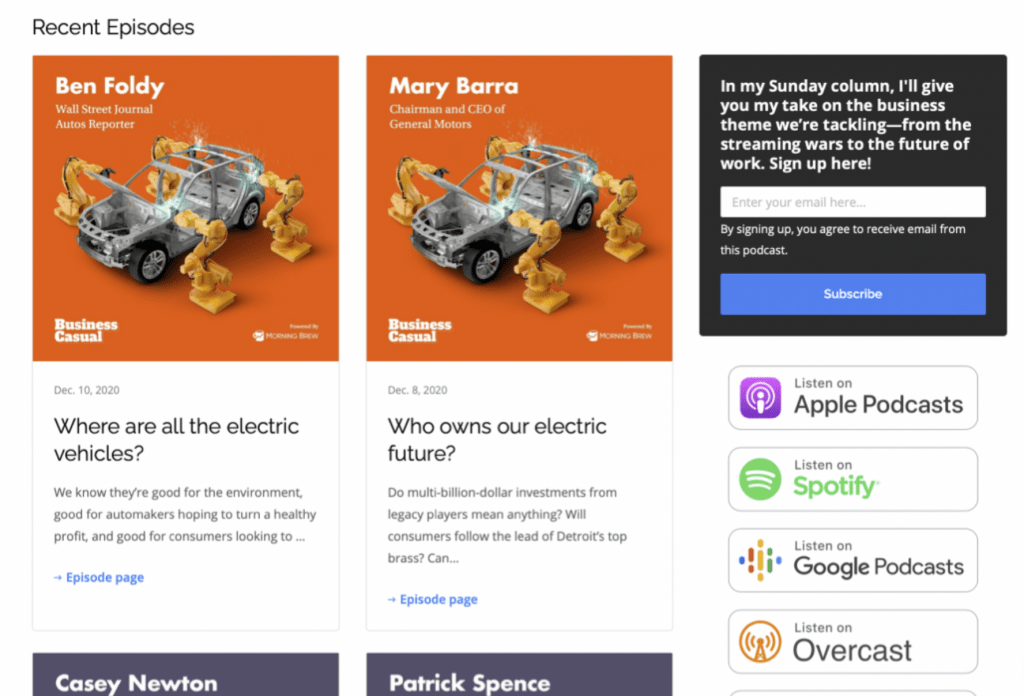 Example of a podcast website build with podpage. Shows episodes and directories the example podcast can be found on.