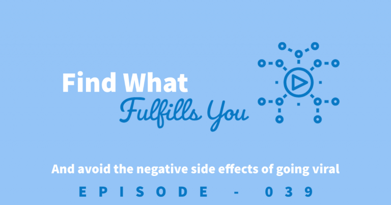 Episode title about fulfillment. Blue background with a play icon in the middle of a web of dots that look like a molecule