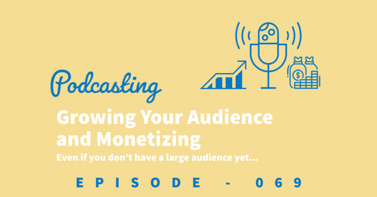 Cover image with a podcast mic, a chart trending up, and a bag of money for growing and monetizing a podcast.