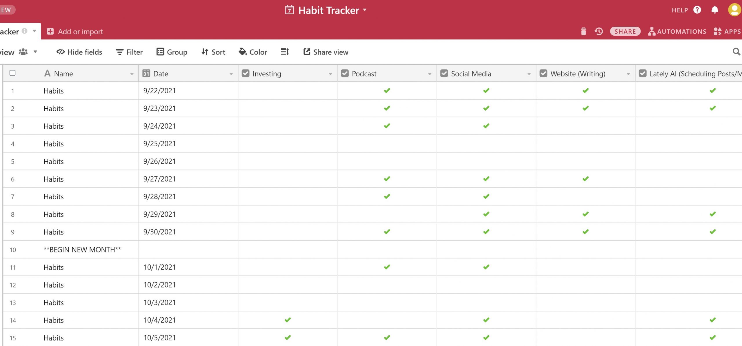 Screenshot from Airtable showing my habit tracker. I list the habits on the header columns with dates at the beginning of each row. Then I put a checkbox for each habit on every date. When I complete the task, I place a checkmark.