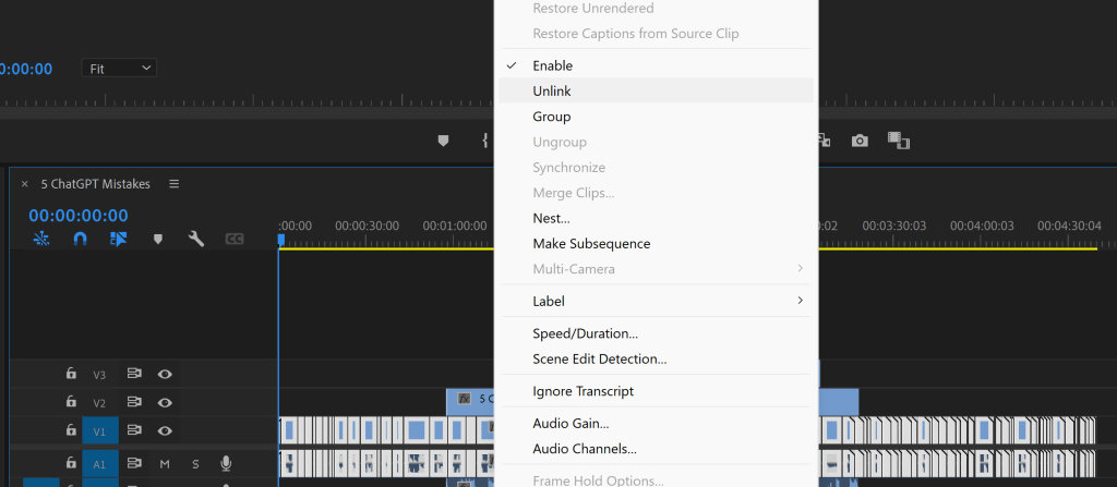 Unlinking original audio track from the master video in Premiere Pro.